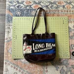 Vintage Long Beach Washington pennant on Canvas and Brown Leather Tote Bag